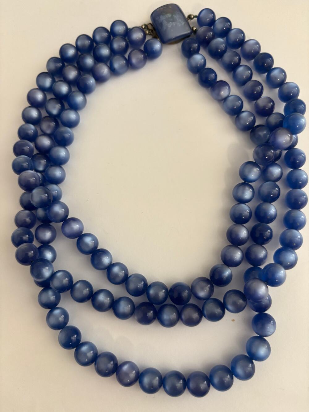 Vintage Moonglow Lucite Beaded Necklace Triple Strand Blue
